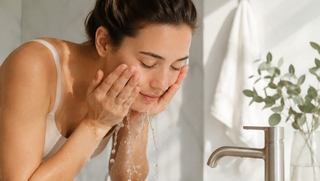 Woman rinsing her face with lukewarm water in the morning as part of a simple skincare routine
