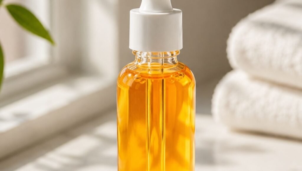 Vitamin C serum dropper bottle in orange tones showing the morning skincare ingredient that works with SPF to protect skin