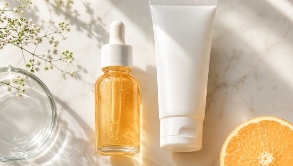 Vitamin C serum and SPF sunscreen placed together showing the two essential morning products for achieving glass skin over time