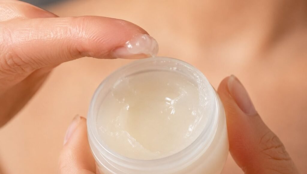 Fingers scooping a tiny amount of petroleum jelly from a small jar to apply as the final occlusive step in a night skincare routine