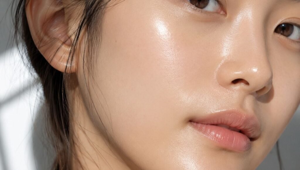 Close-up of a woman with flawless luminous glass skin showing a smooth reflective dewy complexion with no visible pores