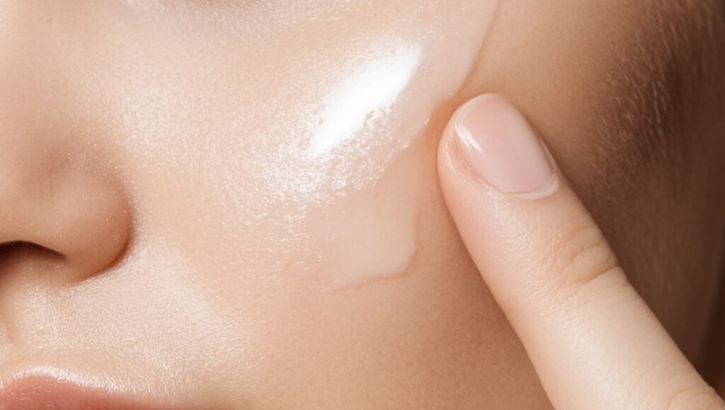 Makeup primer gel being applied to skin before foundation showing the smoothing pore-filling effect