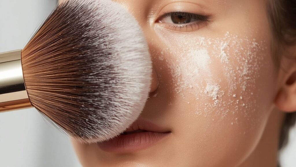 Fluffy brush dusting translucent setting powder over foundation to lock in makeup and prevent creasing