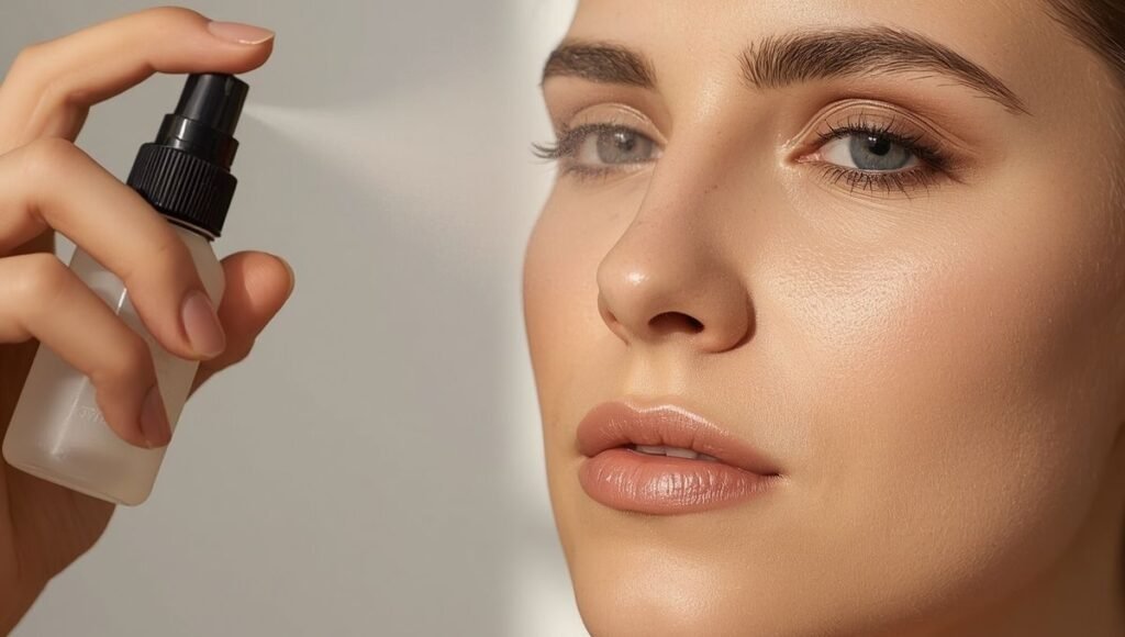 Setting spray being misted over a finished makeup look as the final step to seal and extend wear