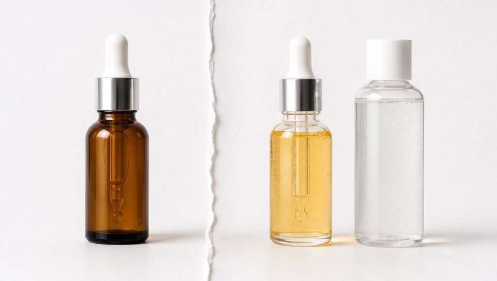 Retinol serum vitamin C serum and AHA exfoliant arranged showing ingredients that should not be used together on the same night