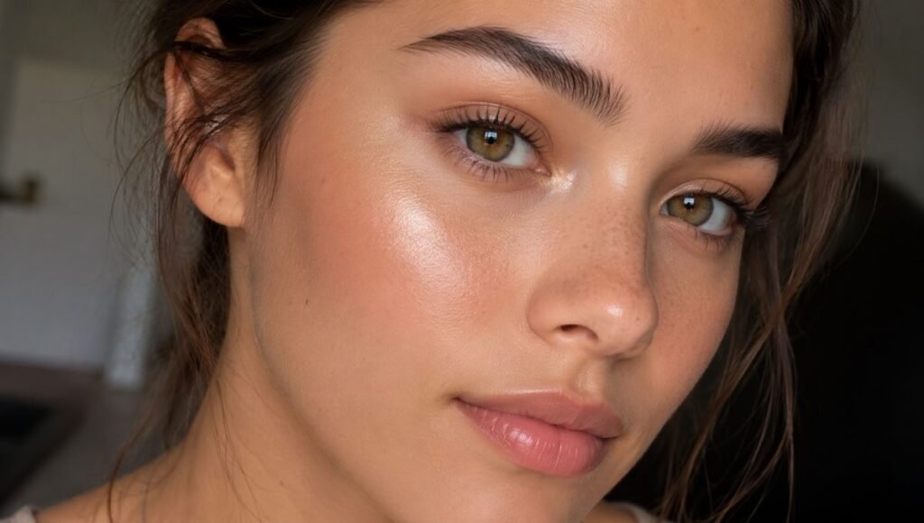 Close-up of a face showing highlighter applied to the tops of the cheekbones and inner corners of the eyes catching natural light