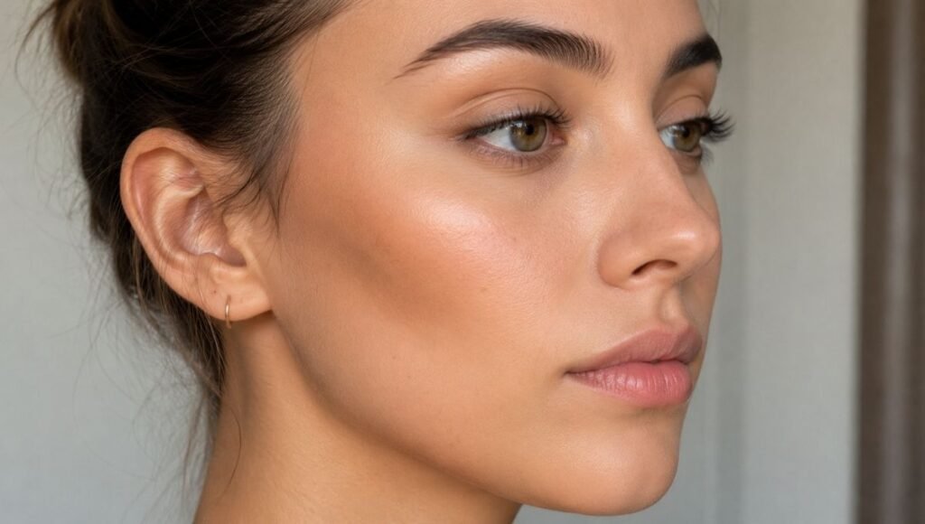 Close-up of a face showing contour placement on the cheek hollow temple and jawline with soft blended shadow effect
