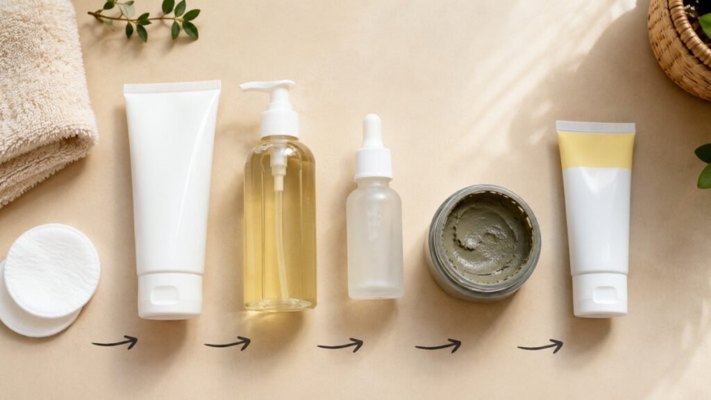 Five-step beginner skincare routine with cleanser, cleansing oil, salicylic acid, clay mask and moisturizer