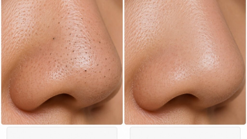 Side-by-side comparison of dark raised blackheads and smaller evenly spaced sebaceous filaments