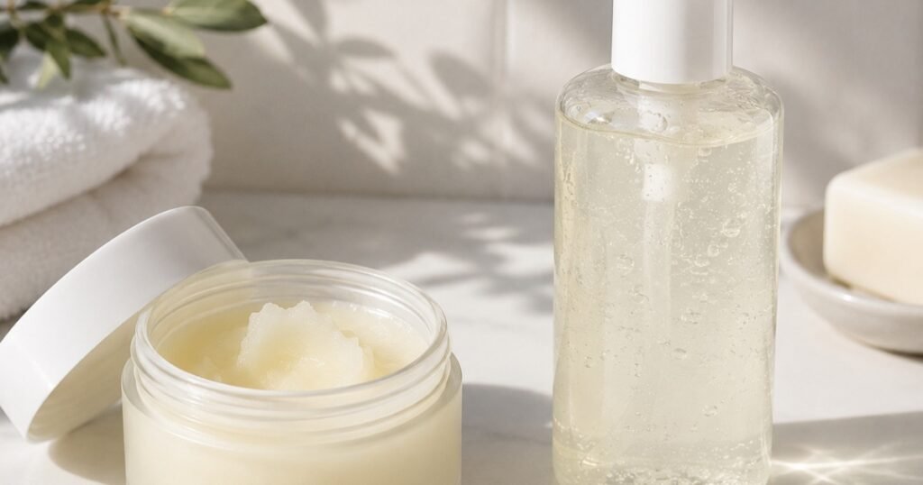 Cleansing balm and gel cleanser side by side showing the double cleanse method for keeping pores clear and minimized