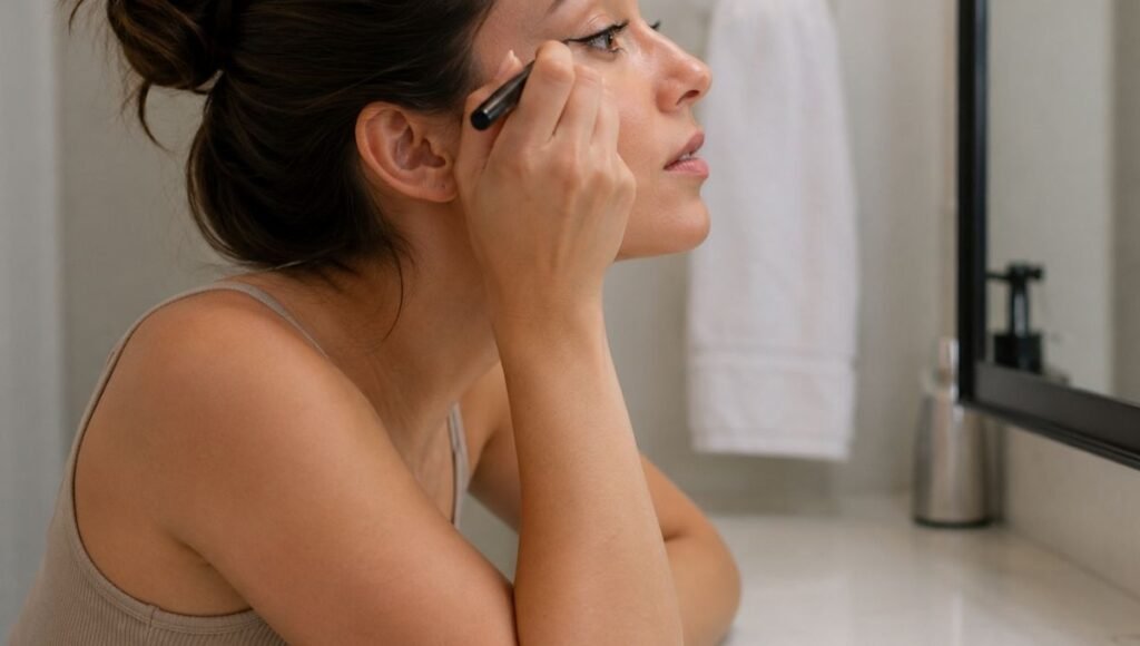 Woman resting her elbow on a bathroom counter while applying eyeliner showing the stability technique for shaky hands