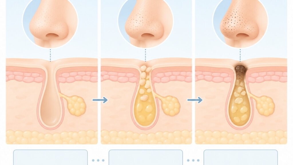 Diagram showing how oil and dead skin clog a nose pore and oxidize into a blackhead