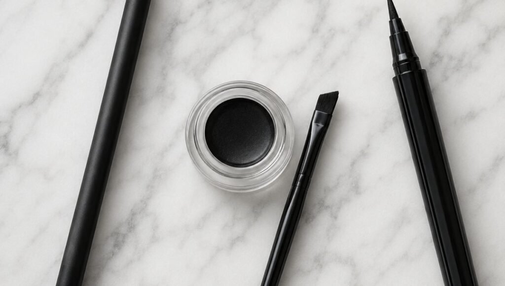 Three types of eyeliner — pencil gel pot and liquid pen — arranged on white marble for a beginner eyeliner guide