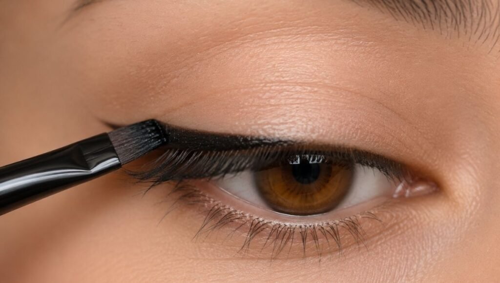 Angled eyeliner brush applying black gel eyeliner along the upper lash line showing precise controlled application technique