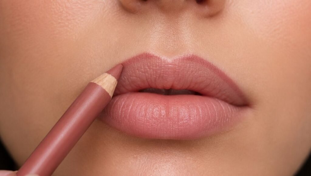 Lip liner pencil being applied along the natural lip line before lipstick to define edges and extend lasting power