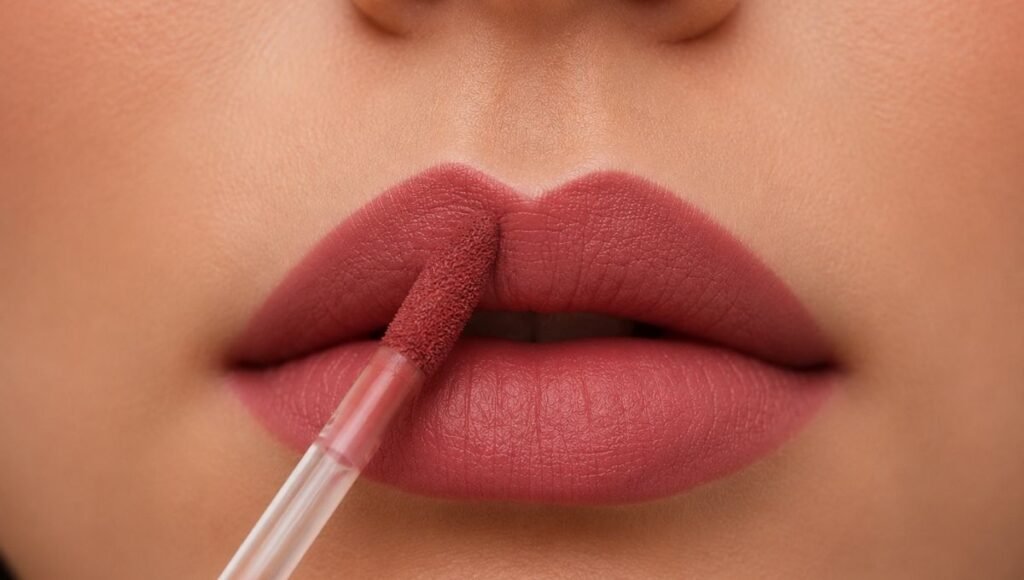 Liquid lipstick doe-foot applicator applying color to the upper lip following the V shape of the cupid's bow