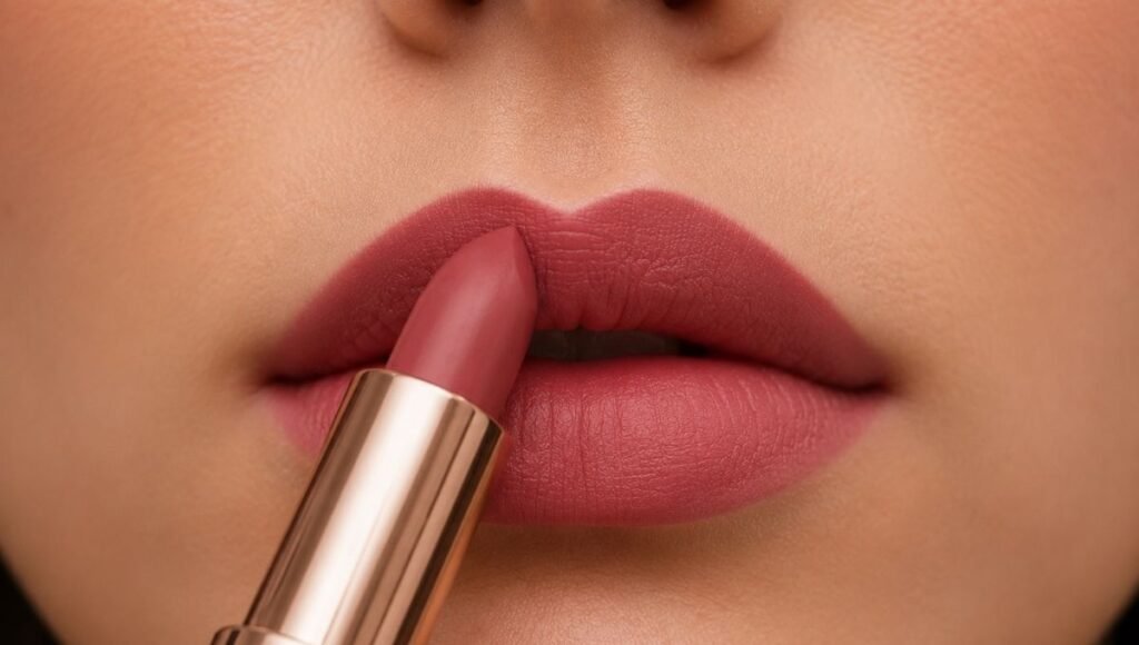 Matte lipstick bullet being applied from the center of the upper lip outward showing the correct application technique