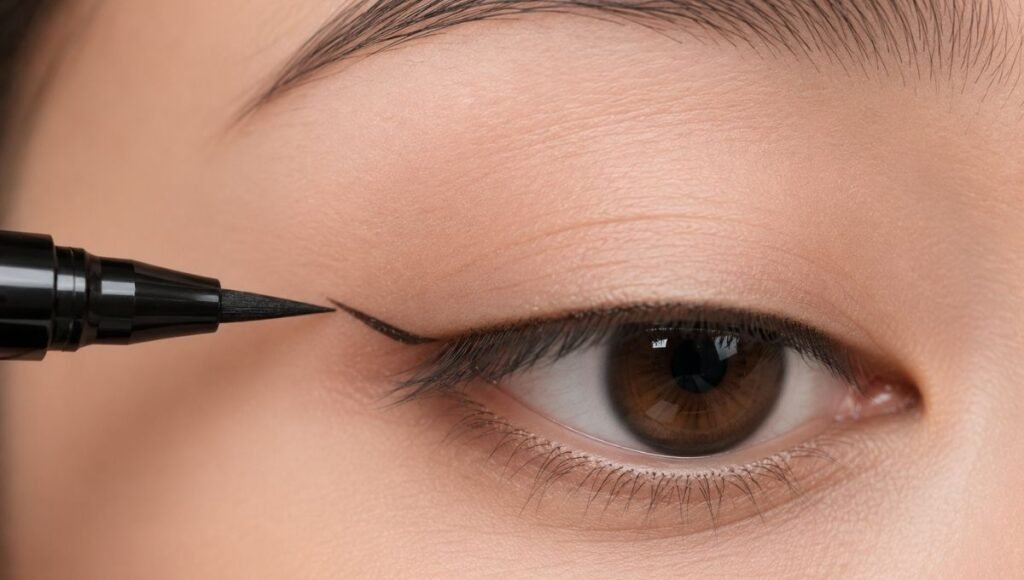 Liquid eyeliner pen creating a small diagonal wing flick at the outer corner of the eye showing the stamp method for cat eye