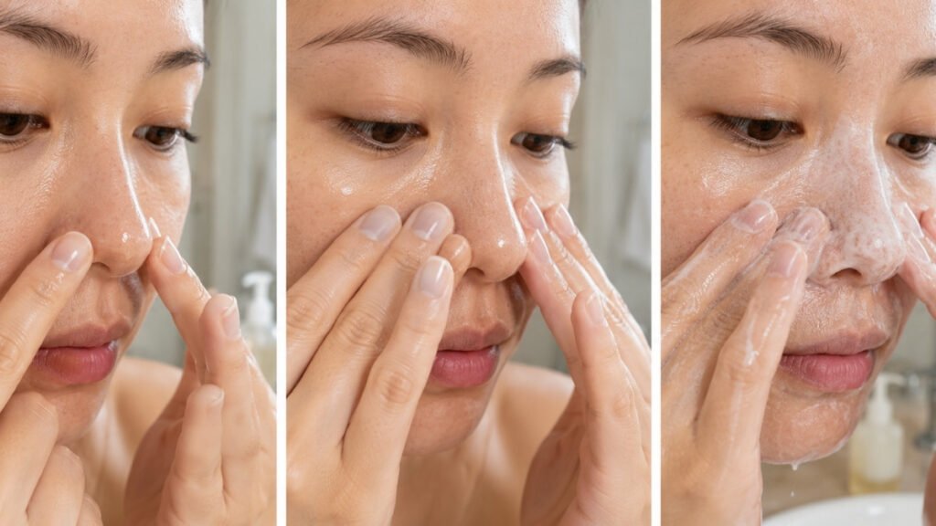 Three steps showing cleansing oil applied to dry skin, gently massaged and emulsified with water