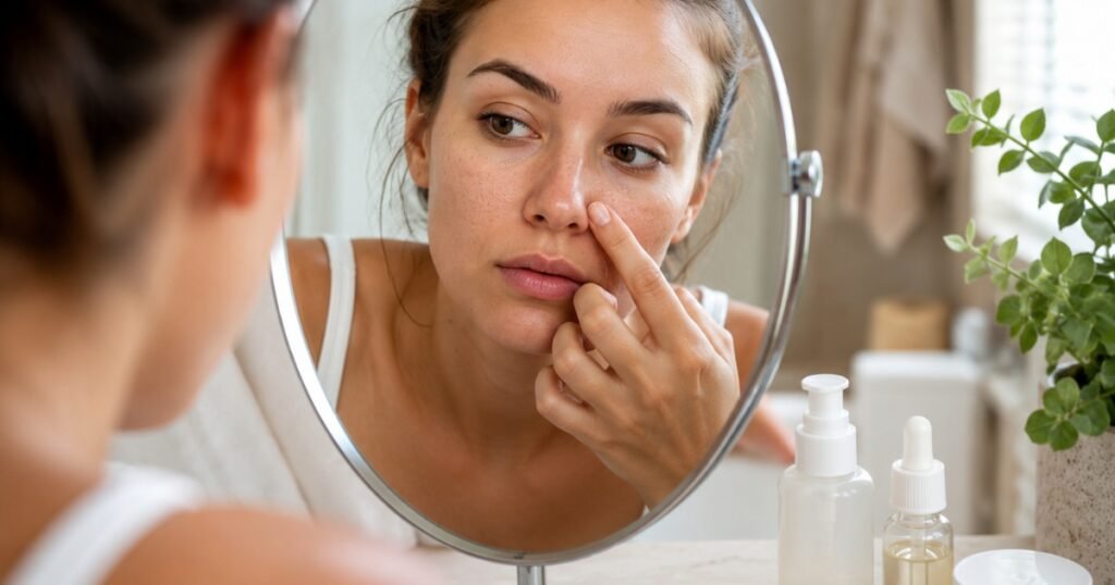 Woman checking blackheads on her nose before starting a gentle skincare routine