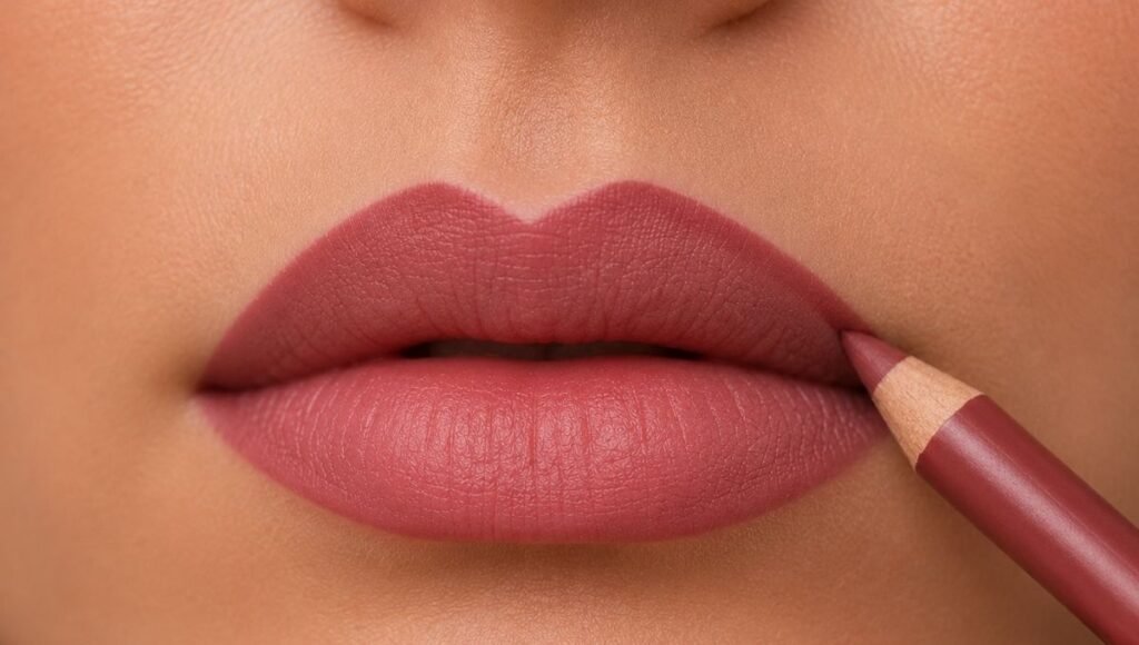 Lip liner creating a precise barrier at the lip edge to prevent lipstick from bleeding into fine lines around the mouth