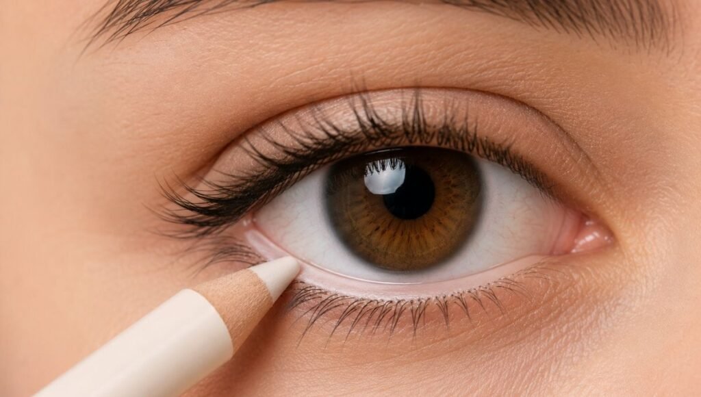 White nude eyeliner pencil applied to the lower waterline showing how to make eyes look larger and more awake
