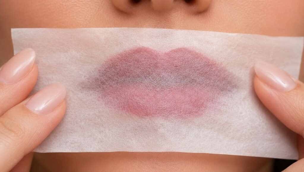 Single ply tissue being pressed gently over lips after lipstick application to blot and extend lasting power