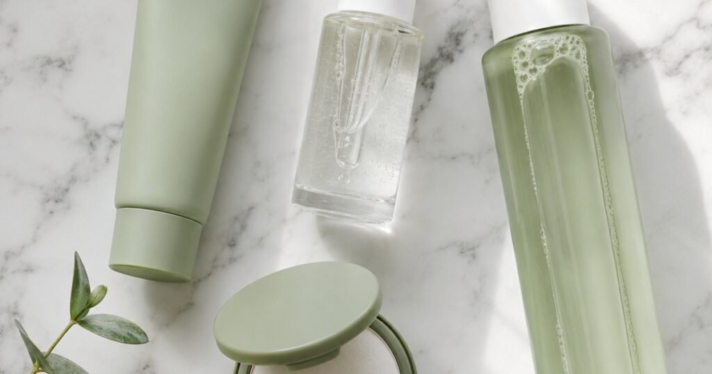 Pore minimizing skincare and makeup products including primer niacinamide serum and matte setting powder arranged on white marble