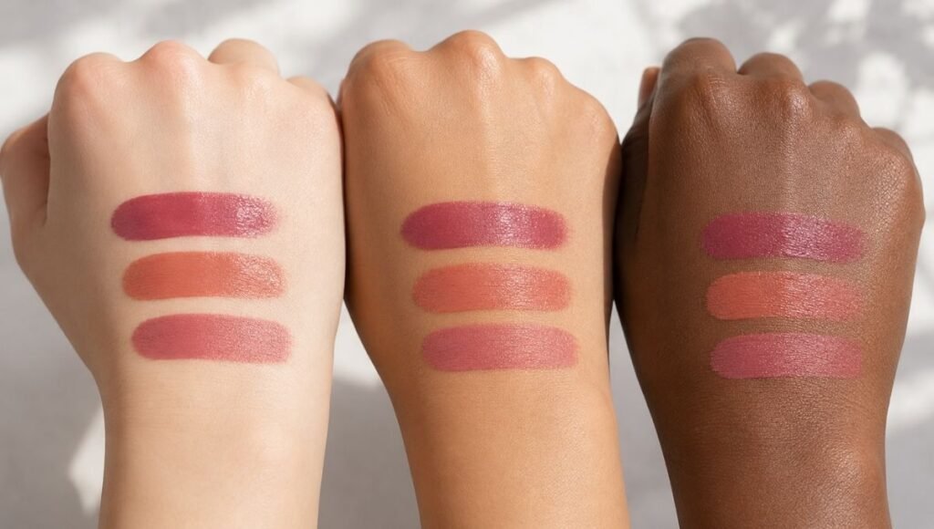 Three lipstick shades swatched on different skin tones showing cool warm and neutral undertone color matching