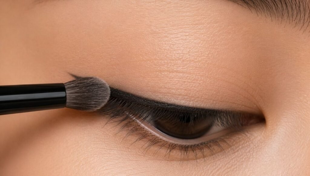 Small brush dusting translucent setting powder over eyeliner to set it and prevent smudging throughout the day