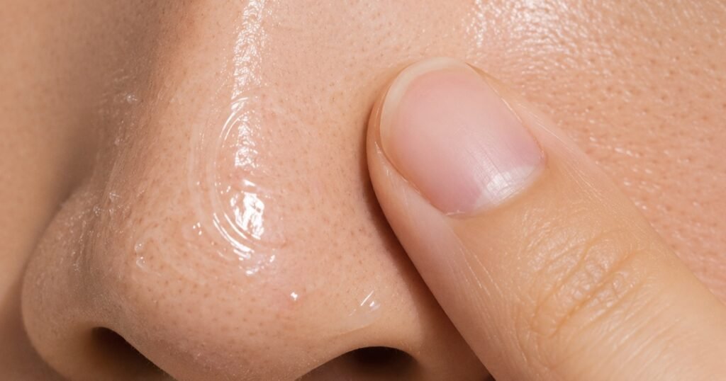 Fingertip pressing mattifying primer into the nose and T-zone area in circular motions for targeted pore-filling application