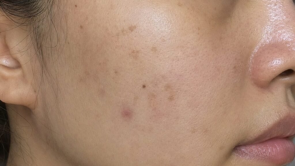 Close-up of a cheek showing different types of flat dark spots including post-acne marks and sun spots on natural skin