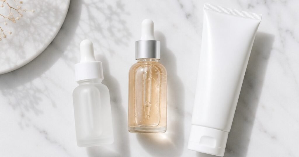 Niacinamide serum dropper bottle and sunscreen arranged on white marble for a dark spot fading skincare guide