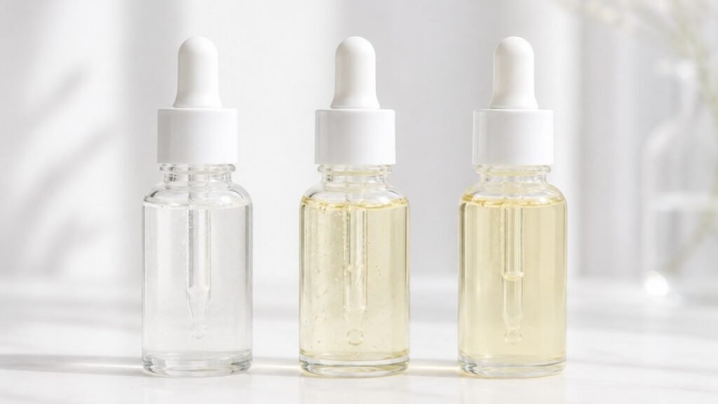 Four morning skincare products arranged in correct layering order — cleanser niacinamide serum moisturizer sunscreen