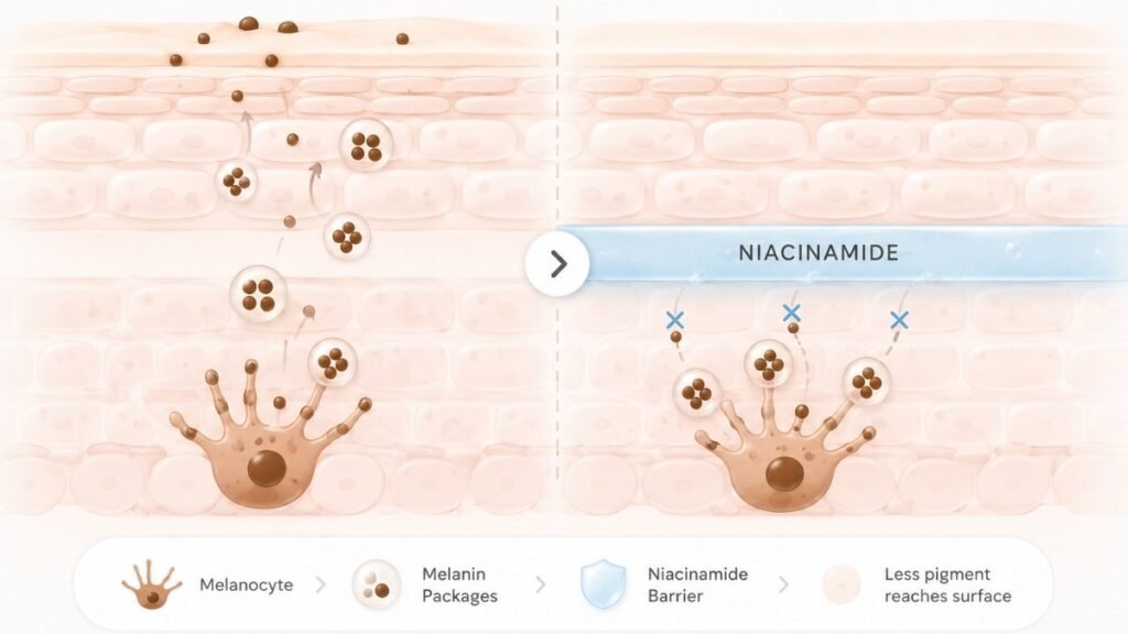 Simple visual diagram showing how niacinamide blocks melanin transfer from melanocytes to skin cells to prevent dark spots