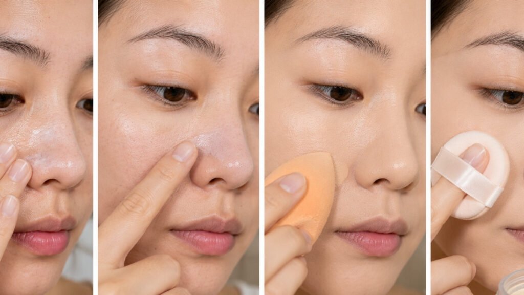 Makeup prep steps using moisturizer, pore primer, thin foundation and light powder on the nose