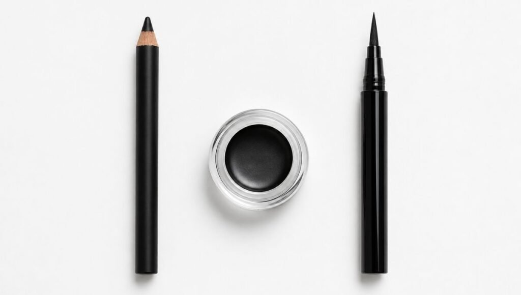Pencil eyeliner gel pot and liquid liner pen placed side by side showing the three main eyeliner types for beginners to compare