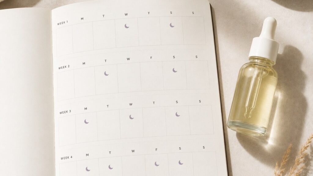 A simple weekly calendar layout showing the 4-week beginner retinol introduction schedule with retinol nights and recovery nights marked