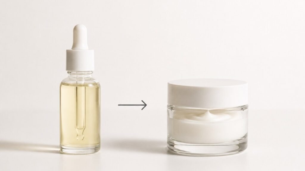 Retinol serum and moisturizer placed side by side with an arrow showing the correct application order for beginners