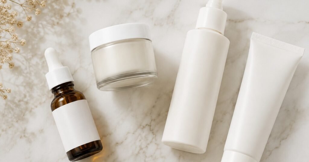 Beginner retinol skincare products including low percentage retinol serum moisturizer and sunscreen arranged on white marble