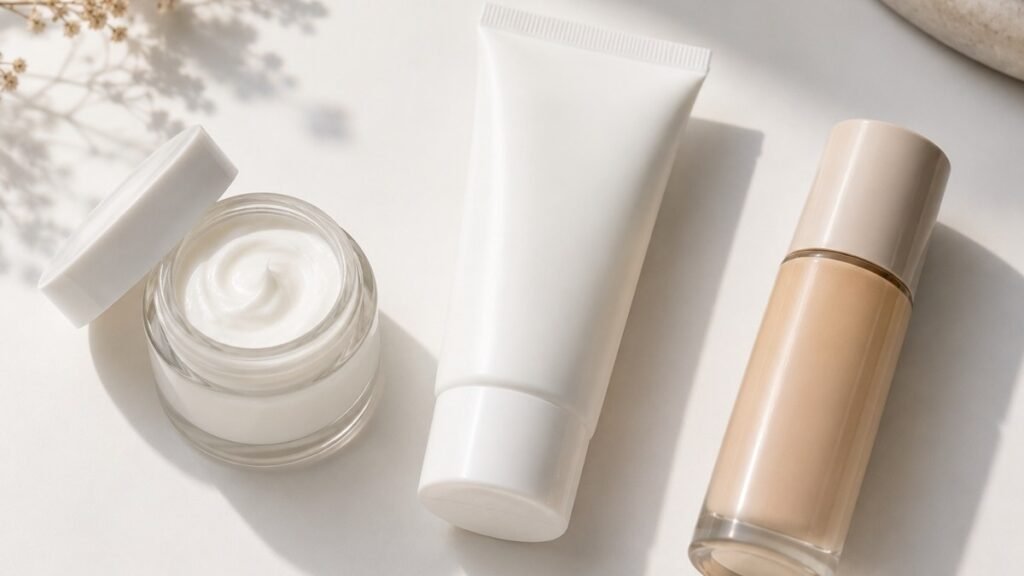 Hydrating foundation and moisturizer arranged showing how to do makeup the morning after retinol without flaking or pilling