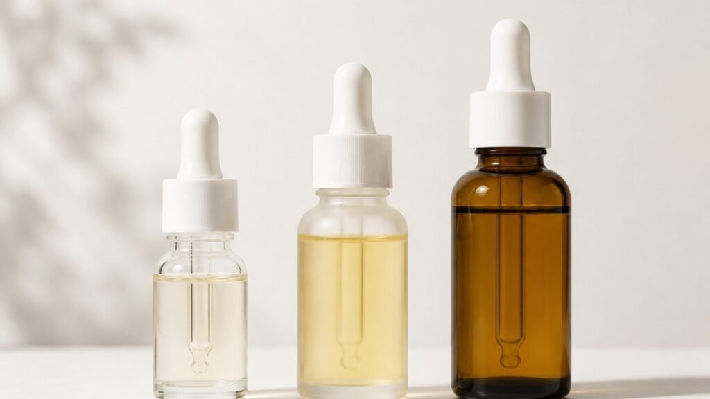 Three retinol products showing different concentrations 0.025 percent 0.05 percent and 0.1 percent for beginners to compare starting strengths