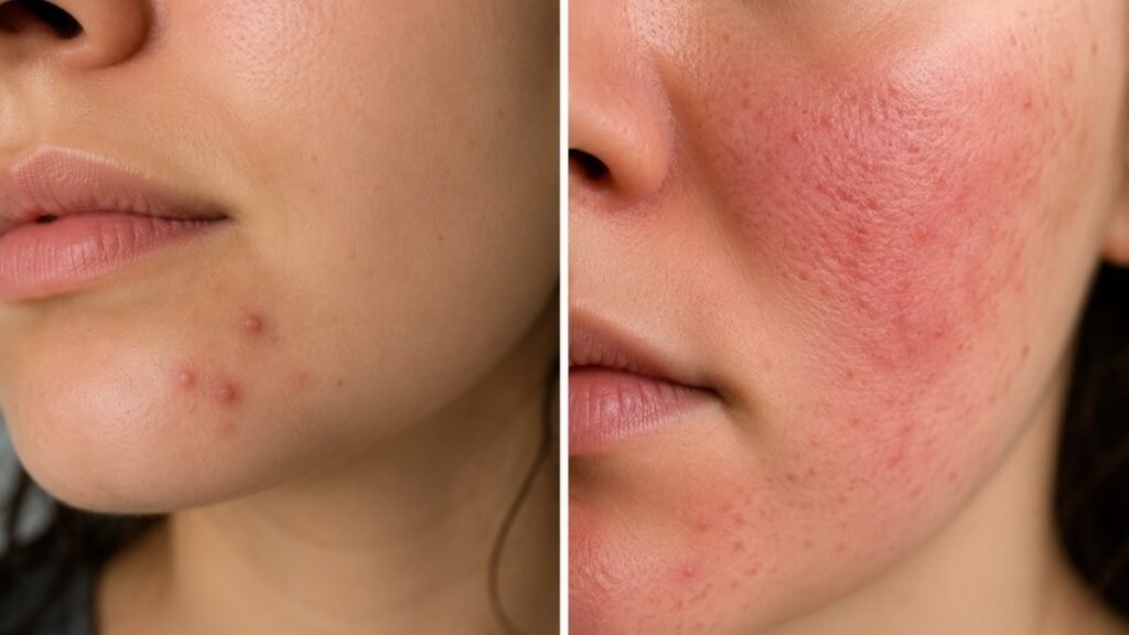 Split comparison showing normal retinol purging with small breakouts in usual areas versus a bad reaction with widespread redness