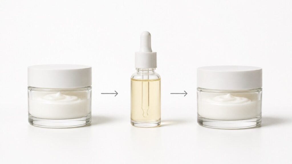 Three skincare products showing the sandwich method layering order — moisturizer then retinol then moisturizer again for sensitive beginners