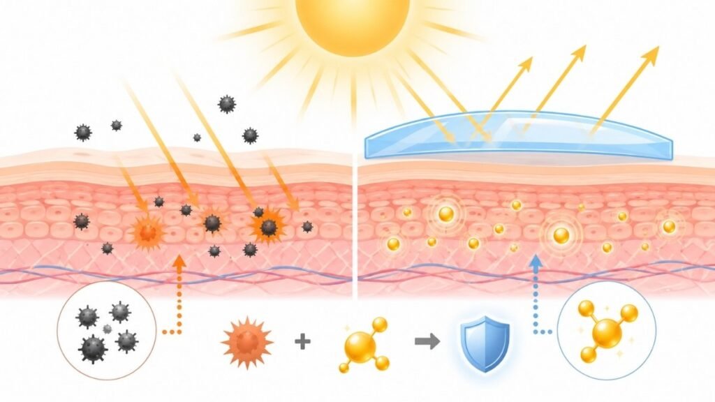 Illustration showing how vitamin C antioxidants work together with sunscreen