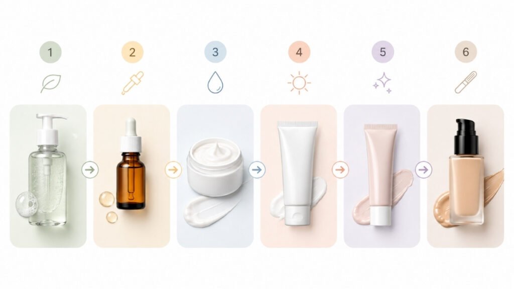 Morning skincare order with cleanser, vitamin C serum, moisturizer, sunscreen and makeup