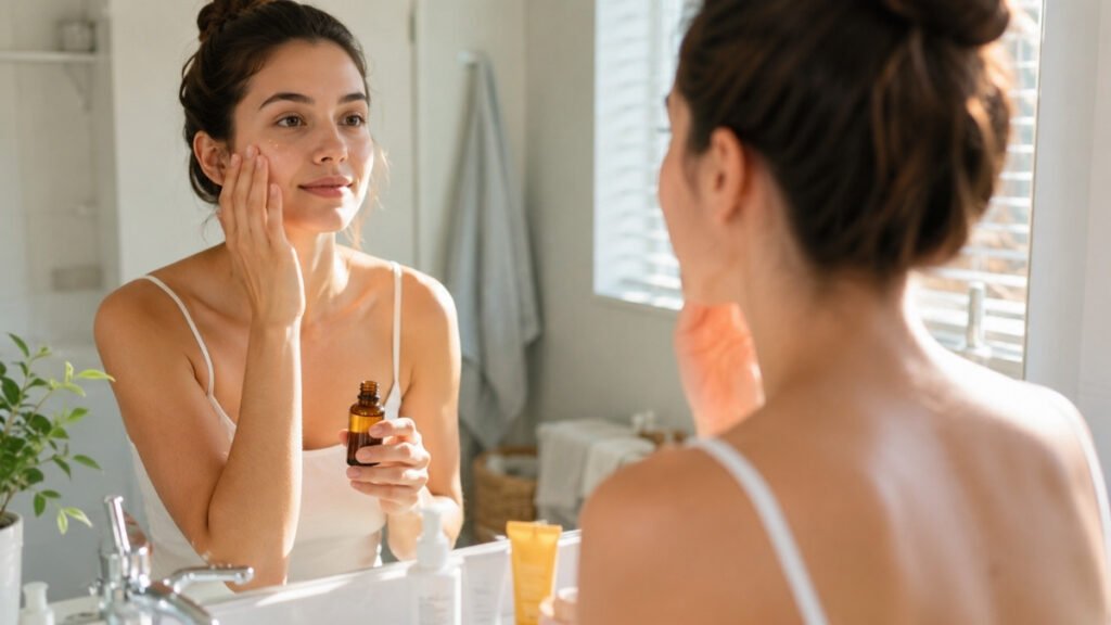 Young woman applying vitamin C serum during a simple morning skincare routine